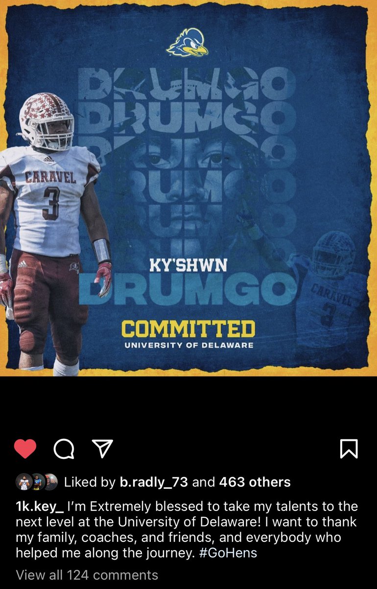 DanSteenkamer's tweet photo. #BlueHens land commitment of @CaravelFB RB/DL (All-District First Team selection at both positions) Ky'shwn Drumgo (@Kyshwn_).
He had visited #CAAFB counterpart Towson in October. Drumgo made @DelawareFB #302Committed announcement Monday on his IG: https://t.co/MKjWaBOwSQ