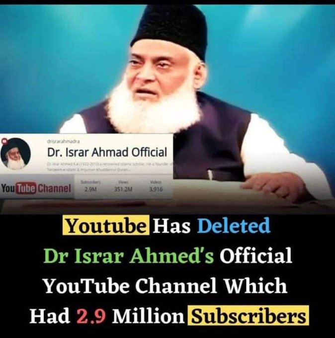 usmanraza30's tweet photo. #RestoreDrIsrarYoutubeChannel
This is unacceptable YouTube cannot delete anyone's channel without any notice. I appeal 
@YouTube
 to bring back Dr İsrar Ahmad Official Channel at once https://t.co/lVLeBFg92W