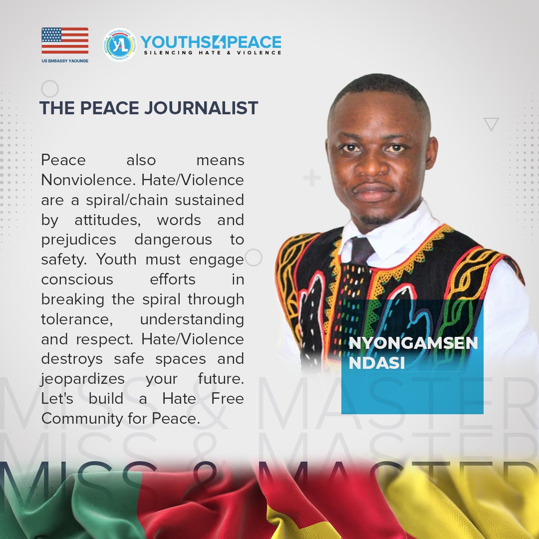 Ndasi Gilbert Nyongamsen (South West Region) inspiring message to combat hate speech, youth violence and youth radicalization in Cameroon.
Vote by Retweeting, Replying and Liking ⁦
@MrMissYALIPeace 
<a href="/MWFCameroon/">MWF Cameroon</a>
<a href="/USEmbYaounde/">U.S. Embassy Yaounde</a>