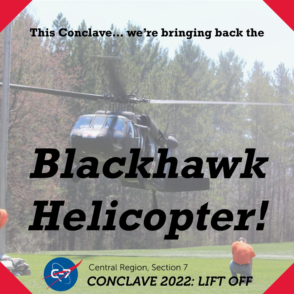 OASectionC7's tweet image. This Conclave, April 22 - 24, the Wisconsin Army National Guard will be flying into IMR with their Blackhawk Helicopter! Make sure to sign up for conclave at register.oac7.org so you don&apos;t miss out on seeing this awesome interactive exhibit!

#OA #C7 #Conclave #Blackhawk