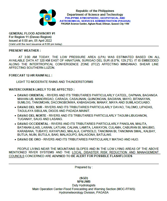 dost_pagasa's tweet photo. General Flood Advisories (GFAs) 
Issued @ 6AM, 05 April 2022
CAR (Cordillera Administrative Region)  - #GFA4 Final
Region 2 (Cagayan Valley) - #GFA4
Region 8 (Eastern Visayas) - #GFA1 
Region 11 (Davao Region) - #GFA1 https://t.co/0lOQMQX4zc