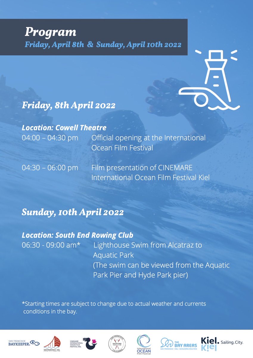 After a long break, two <a href="/sfgov/">City of San Francisco</a> - <a href="/stadt_kiel/">Landeshaupstadt Kiel</a> sister city events with <a href="/The_Bay_Areas/">The Bay Areas e.V.</a> this week! 
4/8 - Presentations from #CINEMARE_Kiel <a href="/meeresfilmfest/">CINEMARE Kiel</a> at SF <a href="/oceanfilmfest/">oceanfilmfoundation</a>  
4/10 - Premiere of lighthouse-swim.de #OpenWaterSF with #SERC, <a href="/DolphinClubSF/">Dolphin Club</a> &amp; <a href="/SFBaykeeper/">San Francisco Baykeeper 🌊</a>
