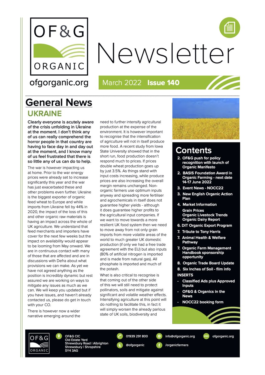 OF&amp;G newsletter out now:
Contents -
* OF&amp;G Organic Manifesto
* <a href="/BASISRegLtd/">BASIS Reg Ltd</a> Foundation Award in Organic Farming
* #NOCC22
* New English Organic Action Plan
* Grain Pricing
* Livestock Trends
* Dairy Report
* Tribute to Dr Tony Harris

&amp; much, much more...

assets.ofgorganic.org/mar-22-140-of-…