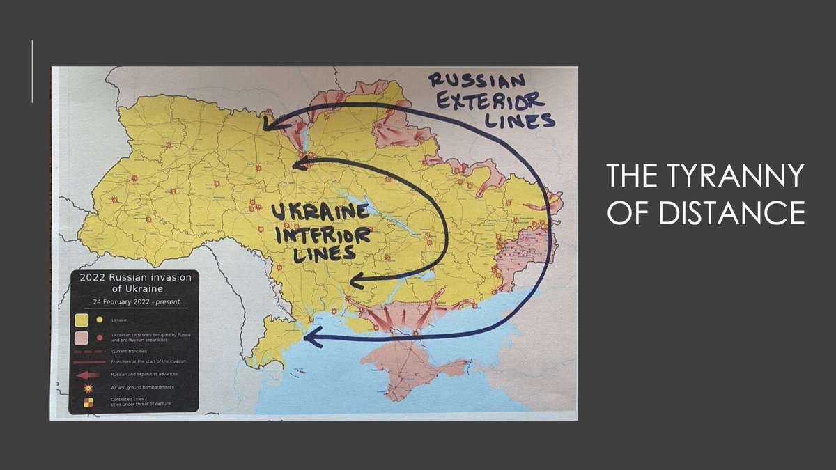 Add to this something I've said earlier (and will portray with this hand-drawn graphic): Movement. RU must use exterior lines to reposition units, while UKR can use interior lines.It's about 1400 miles - the distance between Boston & St Louis - around UKR. 16/
