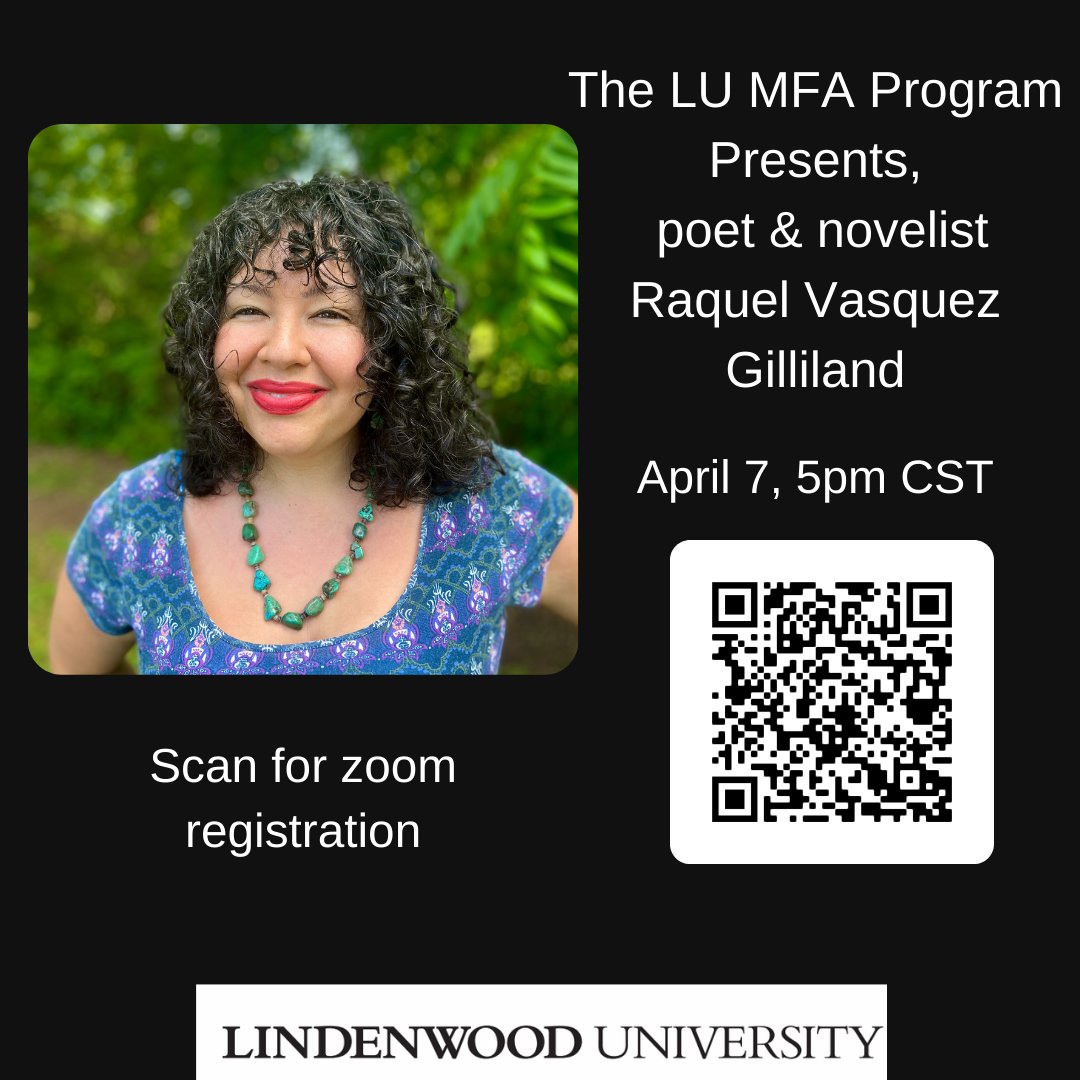 We are so excited to end our 2021-2022 Visiting Writer's Series with @poet_raquelvgil, Thursday, April 7th, 5pm CST. Scan to register!