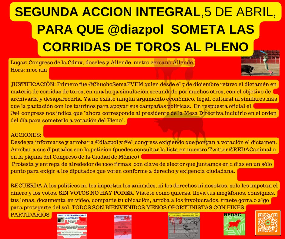 REDACAnimal's tweet photo. Atención enemigos del maltrato animal y de los indefensos,necesitamos tu prescencia y tu fuerza en redes para exigir que @diazpol someta el dictamen para prohibir las corridas de toros en el pleno de @Congreso_CdMex @jorgegavino @GabiQuirogaASin votos no hay poder https://t.co/HpVACuFKwp