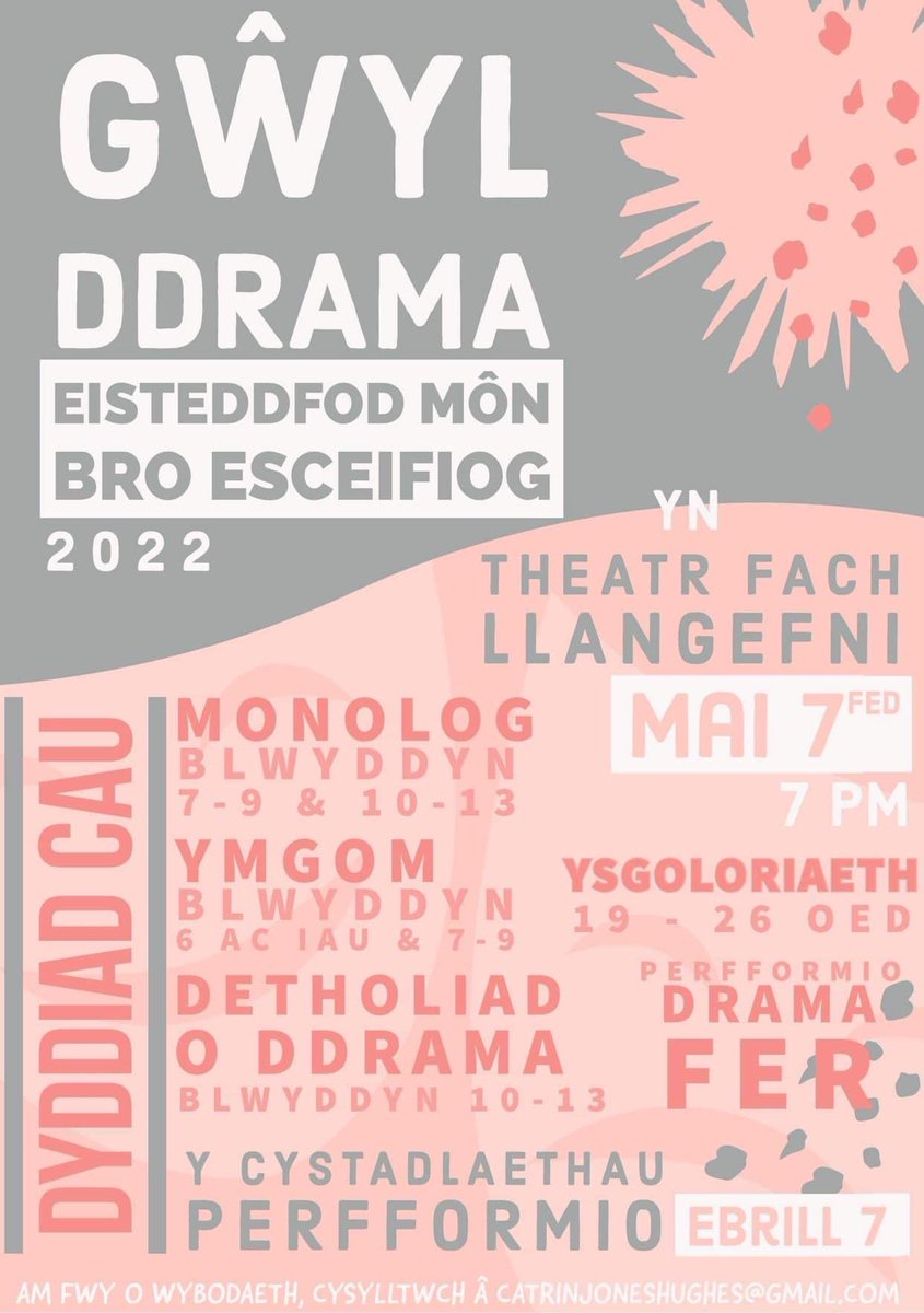 TFLlangefni's tweet photo. 🎭 GWYL DDRAMA MÔN 🎭

📍Theatr Fach Llangefni
🗓 7 Mai, 2022

Oes gennych chi fonolog, ymgom neu ddrama? 

❗️Rhaid cofrestru i gystadlu ar gyfer y cystadlaethau drama eleni cyn EBRILL 7fed https://t.co/pKmBPb4hxP