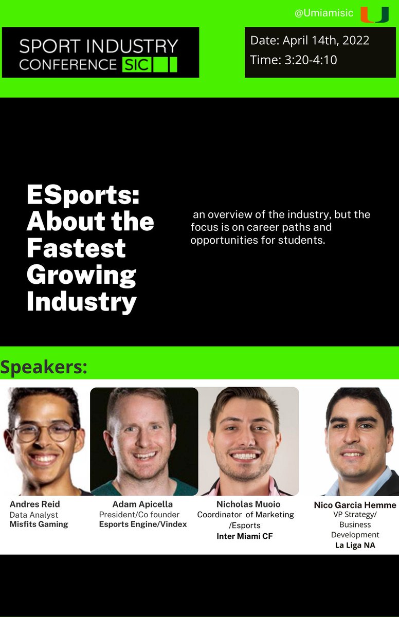 We're so excited to highlight two of our panels : Assessing Risks in Sports and Esports: About the Fastest Growing Industry!! Register today using the link in our bio!! #Umiamisic #SIC2022