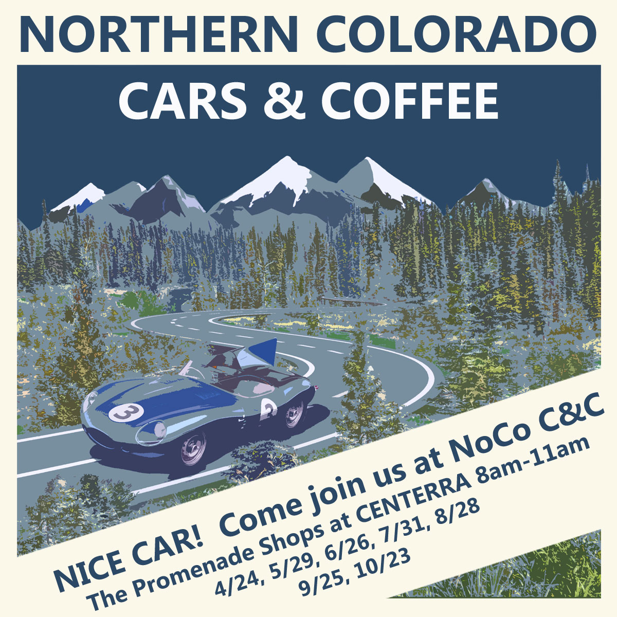 nococandc's tweet photo. The 2022 NoCo Cars &amp; Coffee poster is almost ready to go to print.  But, you may also see these 4x4in cards on your windshield.  Invites to come to the show.  Show dates: 4/24, 5/29, 6/26, 7/31, 8/28, 9/25, 10/23  #cars #noco #c&amp;c 20 days to go! https://t.co/p36aKNDlVa