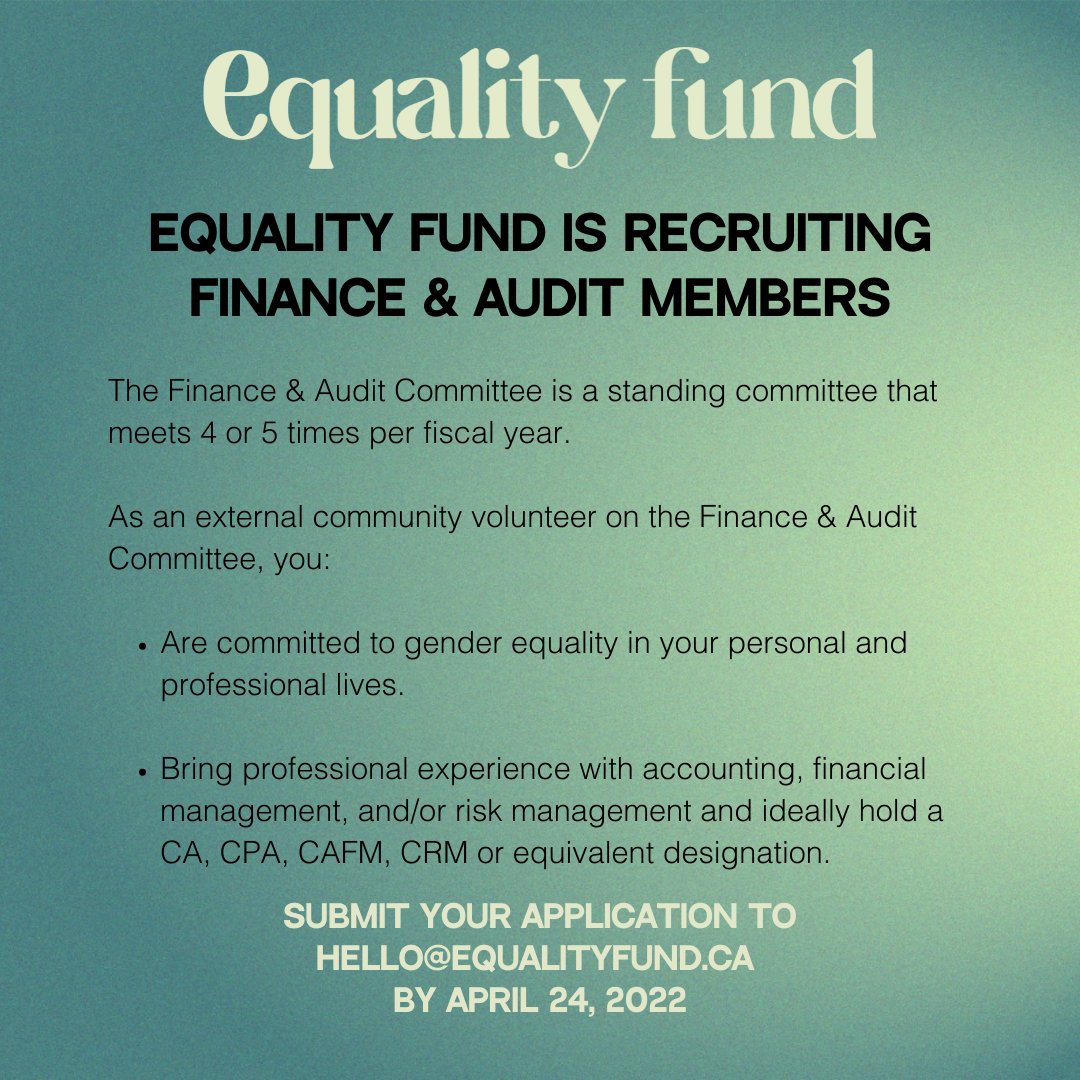 New volunteer opportunity! We are calling for external community members to join our Finance &amp; Audit Committee, to help ensure a sustainable and resilient feminist financial future for the Equality Fund. Apply today &amp; please share with your networks! equalityfund.bamboohr.com/jobs/view.php?…
