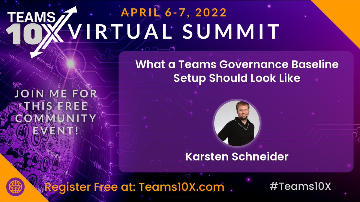 Karsten Schneider is presenting the session What a Teams Governance Baseline Setup Should Look Like.
<a href="/kpohnke/">Karsten</a> 

Register now at Teams10x.com