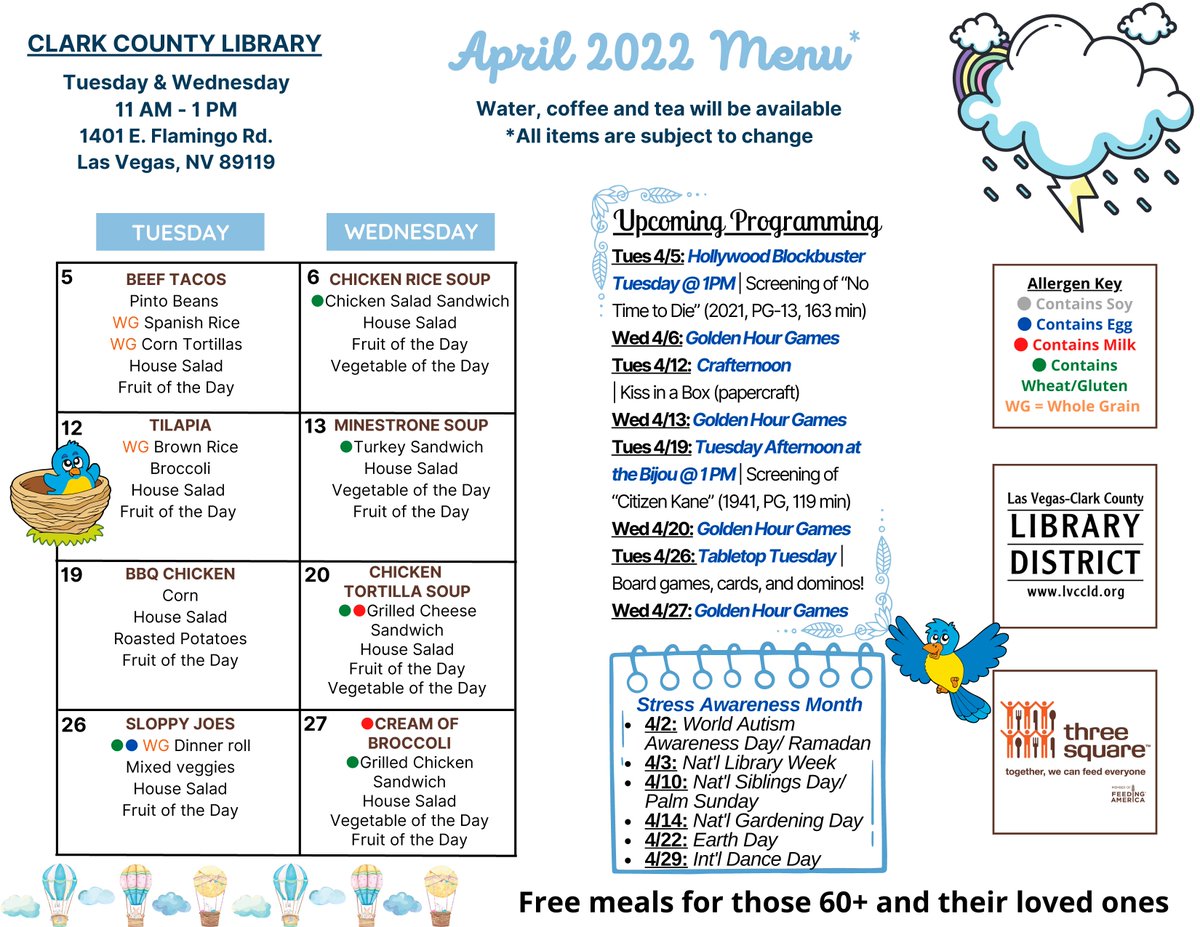 threesquareLV's tweet photo. In partnership with the @LVCCLD, seniors 60+ and their loved ones can receive free meals on Tuesdays and Wednesdays at Clark County Library. For details, please download the flyers below, available in both English and Spanish. https://t.co/TtBjlG2jNu