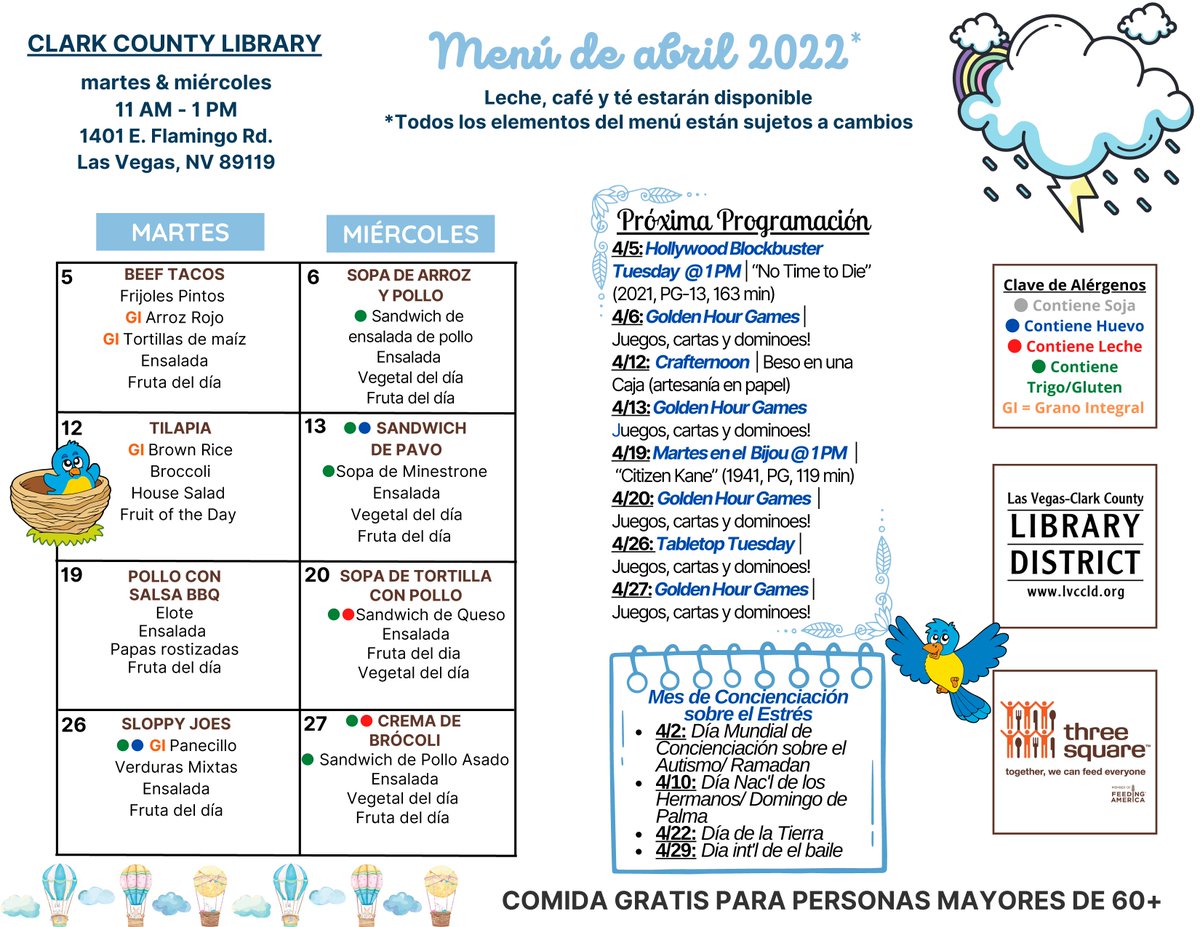 threesquareLV's tweet photo. In partnership with the @LVCCLD, seniors 60+ and their loved ones can receive free meals on Tuesdays and Wednesdays at Clark County Library. For details, please download the flyers below, available in both English and Spanish. https://t.co/TtBjlG2jNu