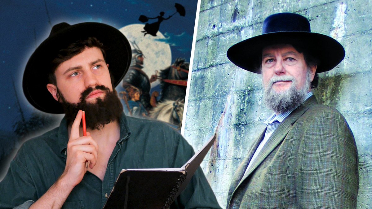 Elliot Edits (left) wearing a prosthetic beard and broad brimmed hat, next to a similar picture of Robert Jordan (right), author of The Wheel of Time. Behind Elliot is the cover of the first Wheel of Time book, The Eye of the World, with the silhouette of a Draghkar replaced with one of Mary Poppins.