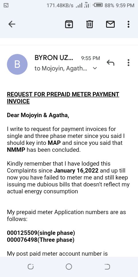 AkpuUzo's tweet photo. @fccpcnigeria @NigeriaGov @TradeInvestNG @cenbank @officialEFCC @NhrcNigeria @NITDANigeria @ICPC_PE @TundeIrukera @thecableng @PremiumTimesng @THISDAYLIVE @daily_trust @DailyPostNGR @MobilePunch @ARISEtv @TundeIrukera REQUEST FOR PREPAID METER INVOICES .I write to apply to @fccpcnigeria to order @EKEDP to send me invoice for my prepaid meters whose Complaints has been on since 16/1/2022 @lasgcopa @NERCNG @EngrAbkrD_Aliyu @MBuhari @nassnigeria @NigeriaGov https://t.co/pAkm8MxJCv