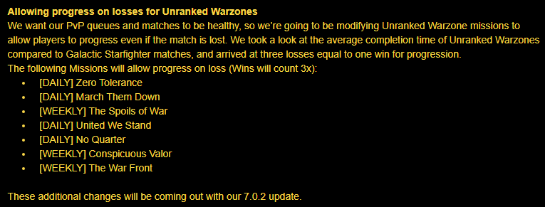 theXamXam's tweet photo. Hot damn. Losses count again for all Unranked PvP Dailies/Weeklies! Wins will count x3! #SWTOR #swtorfamily

Link (+ other changes) ⬇️ https://t.co/uWTItZzlq1 https://t.co/Z3f0sDZK3r
