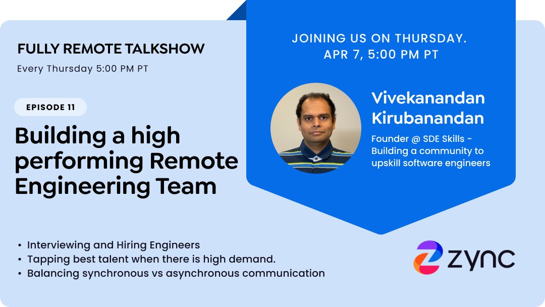 This week Topic: Building a high performing Remote Engineering Team with <a href="/vkirub/">Vivek Kirubanandan</a> register here: bit.ly/3uUlO4z  #sdeskills, #leadership, #mentorship, #technicalinterviews #remotefirst #communicationstrategy  #workingremotely #collaboration #remoteworkingsolutions