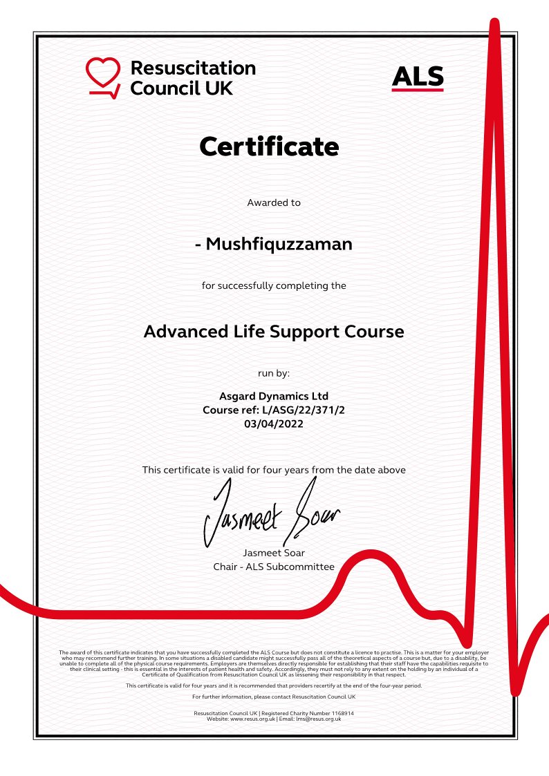 Mushfiq_16's tweet photo. Successfully completed and passed the Advanced Life Support Course @ResusCouncilUK  run by @DynamicsAsgard.
Alhamdulillah
#ALS #AdvancedLifeSupport https://t.co/1VZmiEC1uh