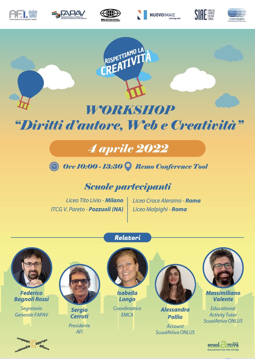 Oltre 130 ragazzi hanno partecipato al nostro workshop di oggi! Grazie a tutti! <a href="/AFI_IT/">AFI - Associazione Fonografici Italiani</a> <a href="/NUOVOIMAIE/">NUOVO IMAIE</a> <a href="/SIAE_Official/">SIAE</a> <a href="/FAPAV_IT/">FAPAV</a> <a href="/MPAEurope/">MPA Europe</a> progetto per le scuole “ rispettiamo la creatività” #PCTO #musica #cinema #scuolattivaonlus