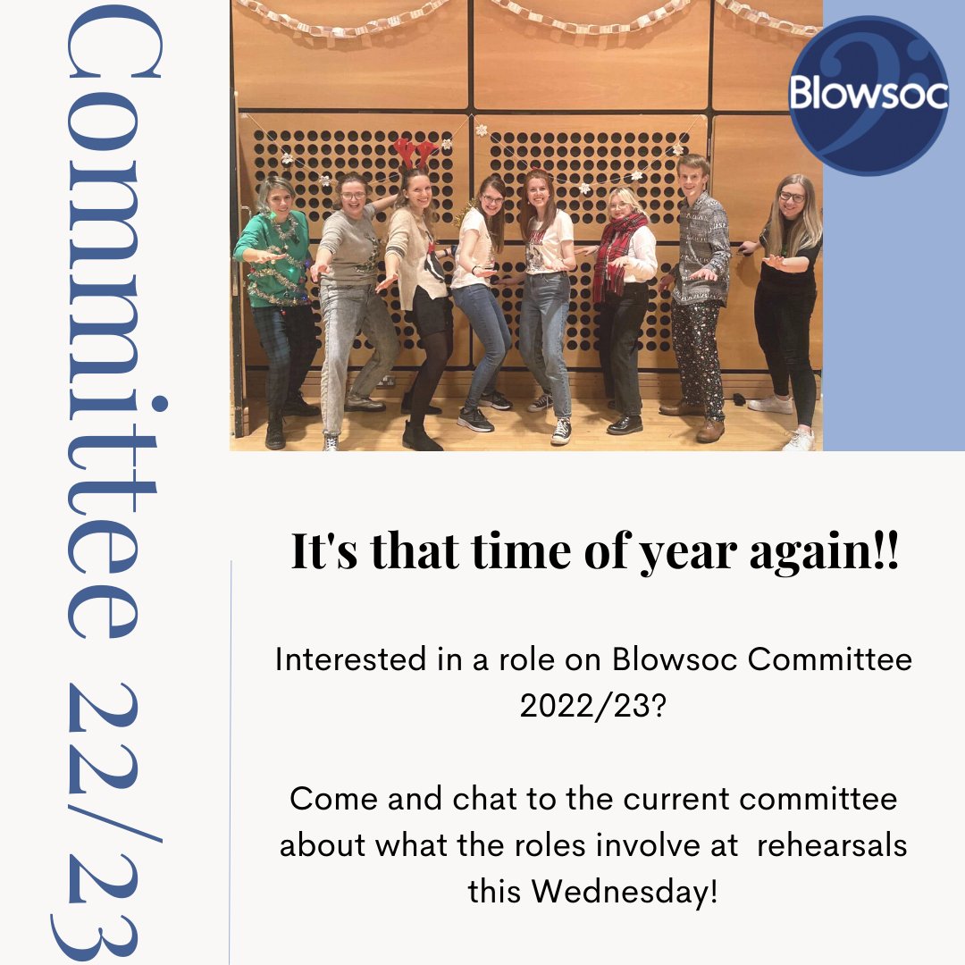 Interesting in being part of Blowsoc's executive committee next year? Our current committee will be around in this week's rehearsals to answer your questions and chat to you about what their roles involve, just look for the people in navy Blowsoc jumpers if you're not sure!!