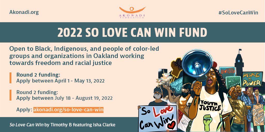 Akonadi Foundation is proud to re-open the #SoLoveCanWin fund to support Oakland-based groups led by Black, Indigenous, and people of color making change in our communities! Learn more and apply for #funding by May 13: akonadi.org/so-love-can-win