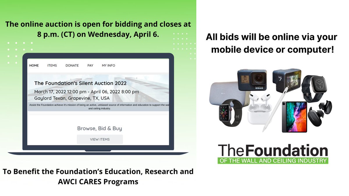 AWCI_INFO's tweet photo. Participate in the Foundation of the Wall & Ceiling Industry's annual silent auction with proceeds going to the Foundation's education & research programs. Click this link to bid on items https://t.co/IwnCNwKmOW #fundraising #AWCICon22 #INTEX22 #event #networking https://t.co/q80LrmXY5p