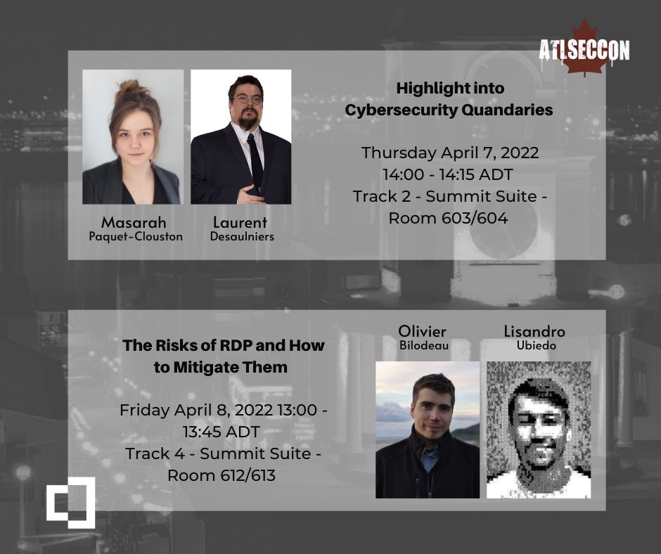 GoSecure_Inc's tweet photo. #AltSecCon is in 2 days! Make sure to attend the following #GoSecure sessions where our cybersecurity experts will be sharing their insights and best practices. Don't forget to stop by our booth -- we hope to see you there! https://t.co/UAmytujPXx #cybersecurity https://t.co/7NYXTSTaJK