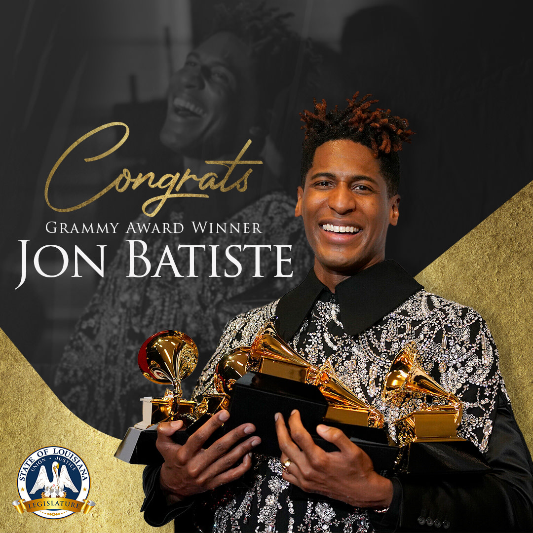 The Louisiana House of Representatives congratulates native singer &amp; songwriter Jon Batiste for winning Album of the Year and four other awards at the 2022 Grammys.