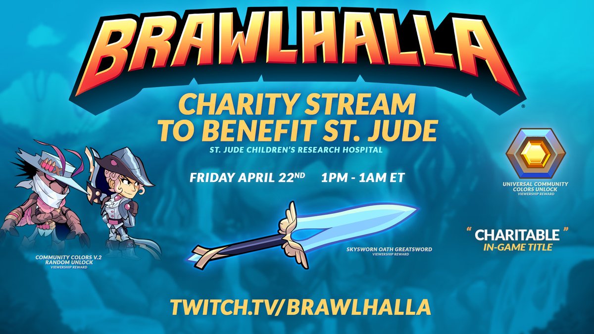 Brawlhalla's tweet image. Join us on April 22 for a Brawlhalla Developer Charity Stream benefitting @StJude!

Learn more here: brawlhalla.com/news/brawlhall…