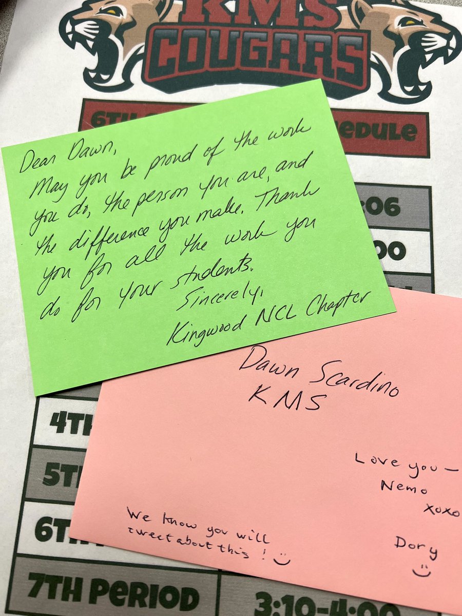sunshinescardi's tweet photo. Awww π₯° Thank you so much @NCLKingwood @Marilyn_Mann1 for the SUPER SWEET note & KIND words- that was like a Great HUG! Made my day!β€οΈπ #KMSCougarPride #FeelingLoved #NemoDory https://t.co/flod8QSYAU
