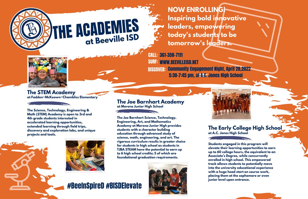 BeevilleISD's tweet photo. Is your rising 5-6th grader interested in Science, Technology, Engineering, Art, and/or Mathematics? The Joe Barnhart Academy at Moreno Junior High School may be a great fit! Learn more by attending a Parent Information Night, April 6, at 6 pm at Moreno Junior High School. https://t.co/F1LTMN03yi