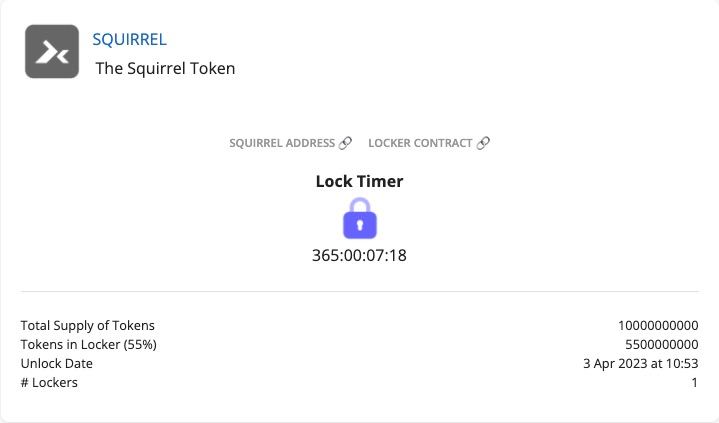 The majority of tokens have been locked with DxLock for 365 days! 🎉

See txid here: bscscan.com/tx/0xf5b805017…

What does that mean?

NO dumping on our Squirrel 🐿 community

Long Live the #SquirrelToken