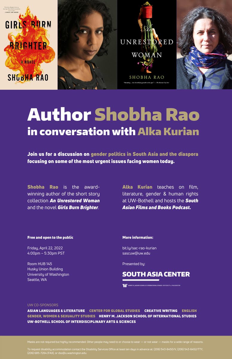 Join us *in person* on April 22 for a conversation on gender politics in South Asia and the diaspora with award-winning author <a href="/ShobhaRaoWrites/">Shobha Rao</a> (Girls Burn Brighter, An Unrestored Woman) and <a href="/KurianAlka/">Alka Kurian</a> (<a href="/IASuwb/">IAS UWB</a>).

Learn more: bit.ly/sac-rao-kurian