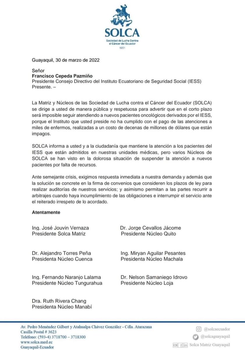 DiegoMosqueraec's tweet photo. #Urgente Solca Quito advierte que ya no podrá seguir atendiendo a pacientes derivados del #IESS
#Quito #IESSNOPAGA https://t.co/3qpWxAG5iU