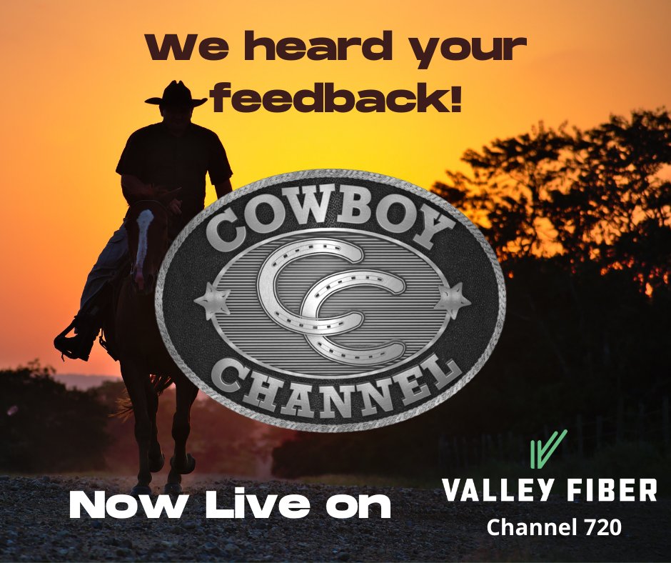 ValleyFiberLTD's tweet photo. By popular request, we have added The Cowboy Channel to our television service.

You can find The Cowboy Channel on channel 720 of VFTV.

If there are any other channels you’d like to see on our service, feel free to leave those recommendations below! https://t.co/fMku4UaBdb