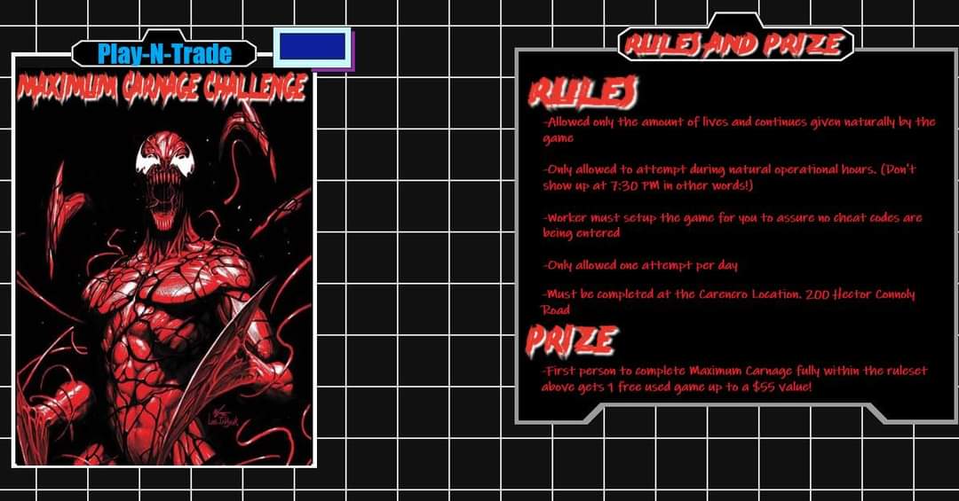 PNTLafayette's tweet photo. Carencro has a Challenge for you! Anyone that beats Maximum Carnage on the SNES gets a free used game up to $55 in value. 
Cost to enter? ZERO DOLLARS.
That’s right, free! 
Think you are good at games? 
Play N Trade in Carencro wants you to prove it. 

Check poster for details. https://t.co/7c40F1ZoSR