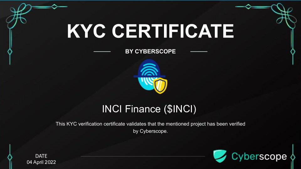 cyberscope_ann's tweet photo. We just finished the KYC for
 @incifinance

Check the certification.
https://t.co/nOMlyTsQt9

Want to get KYC for your project?
https://t.co/BpKMpQ6c5z

#Crypto #Blockchain #Kyc https://t.co/5wYDMB7oDA