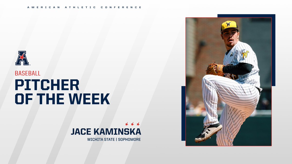 American_BSB's tweet photo. 12 strikeouts without a walk in 8 scoreless innings against Houston - Jace Kaminska of @GoShockersBSB is our Pitcher of the Week! https://t.co/fcNn84Vag2