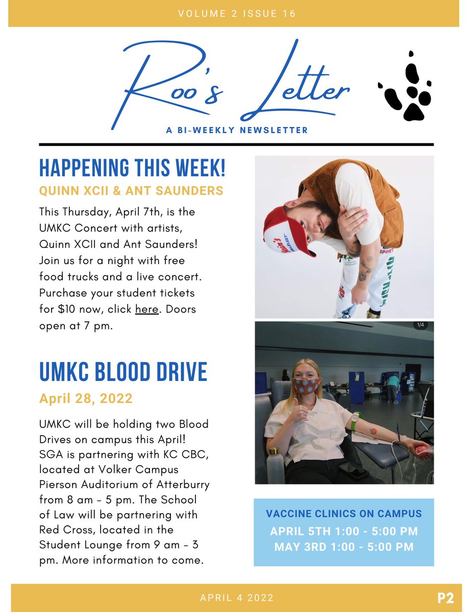 UMKCStudentGov's tweet photo. Welcome back from spring break roos! 🦘🪴We hope everyone got some rest and are excited for the month of April with UMKC!😊

Don’t forget that the Quinn XCII concert is THIS Thursday! Purchase tickets with the link in our bio🎫

-Check your emails for the PDF version, with links. https://t.co/MziQjvnvqj