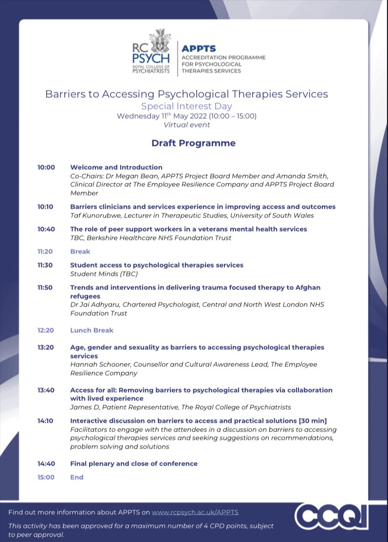 JeminiJethwa's tweet photo. Really excited about our first ever ‘special interest day’ on the Accreditation Programme for #PsychologicalTherapies Services on barriers to access. Draft programme below. Free for #APPTS and #QNVMHS members!
Book here: https://t.co/eG85uXZhRU https://t.co/OJQd6sdKFH