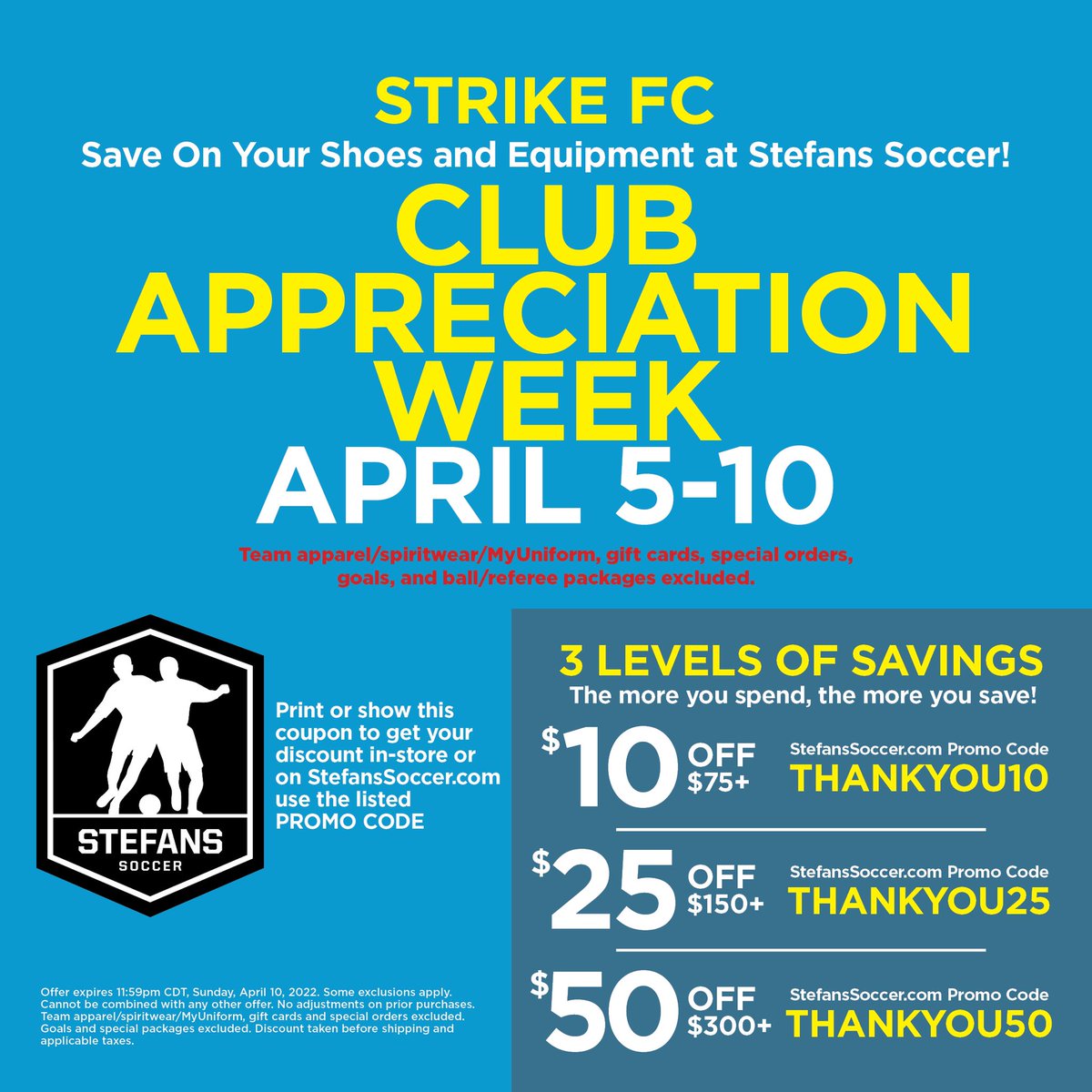 Club Appreciation Week @StefansSoccer April 5th-10th