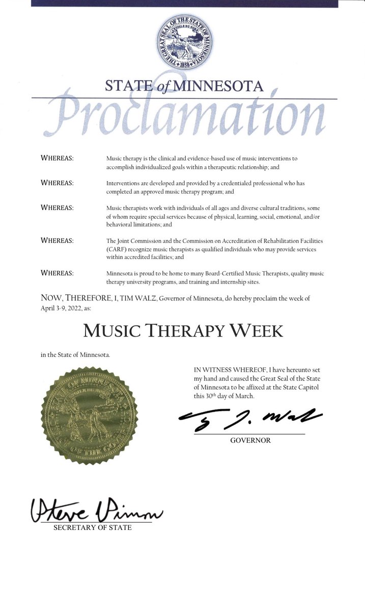 musictherapymn's tweet photo. April 3rd-9th, 2022 is officially Music Therapy Week in the state of MN! 

We are thrilled to provide services to individuals in our state and are honored to represent the #MNMusicTherapy community. Thank you, @GovTimWalz and @LtGovFlanagan for this proclamation. #OneMinnesota https://t.co/oTFOuih4FT