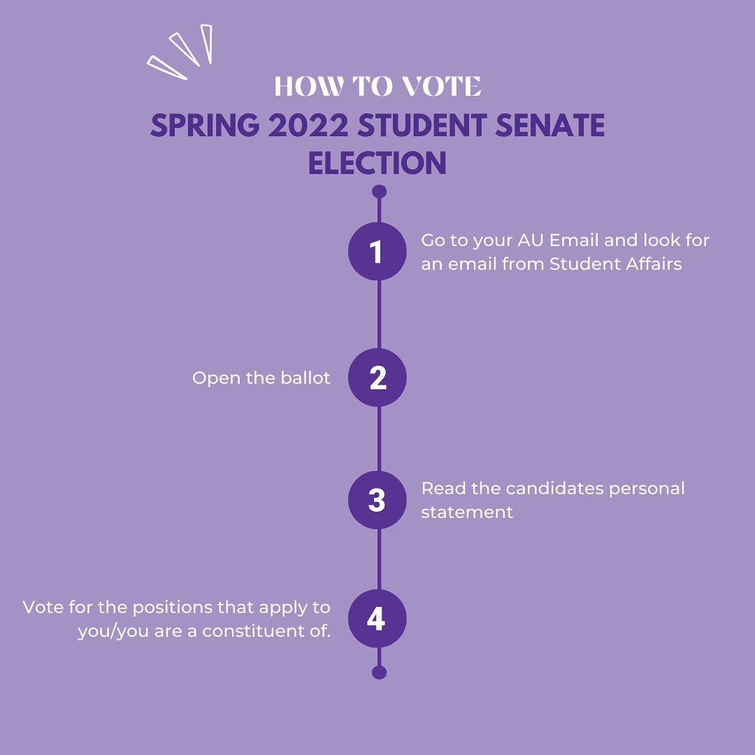 AUStudentSenate's tweet photo. HAPPY VOTING DAY EAGLES! 🗳

Here is your official unbiased Spring 2022 Election Voter’s Guide! Here you can find instructions on how to vote and who you can vote for. You can also find the link to vote in our Linktree 🔗

You have until April 5th at 4:00pm to cast your votes! 🦅 https://t.co/ssliQhFvcF