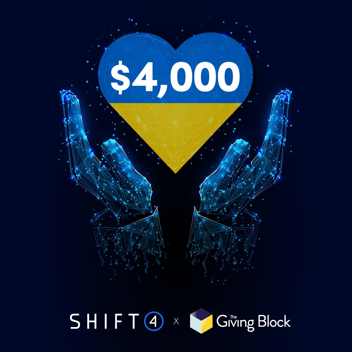 Shift4's tweet photo. Happy 4️⃣ / 4️⃣ !

To celebrate, #Shift4Cares will donate $4K to @TheGivingBlock's #Ukraine Emergency Response Fund.

Thanks to our CEO @rookisaacman's generous #CaringWithCrypto match, the donation will be doubled!

Learn more or donate: https://t.co/IALySQLHGj https://t.co/J5uHwfcDPP