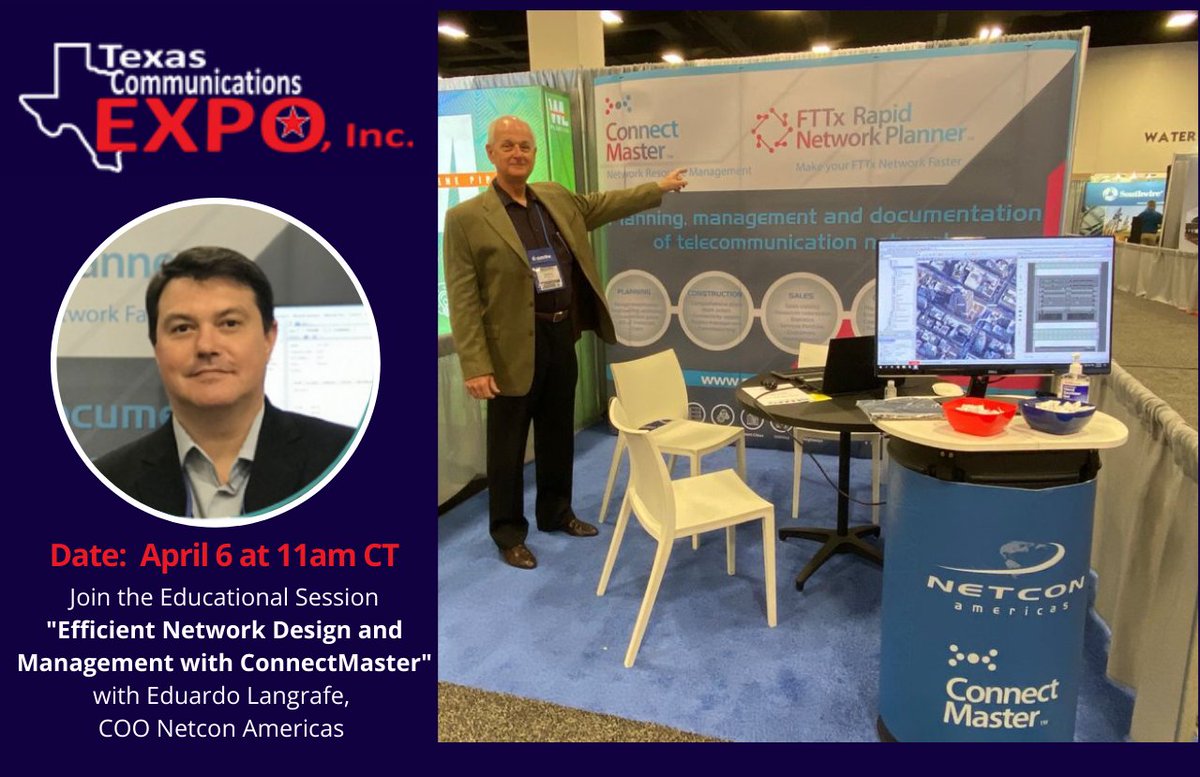 ConnectMasterUS's tweet photo. Eduardo Langrafe will be presenting an educational session at the TCEI Expo on how to efficiently design and manage telecommunication networks. Join him at the Classroom 3 - Wednesday 4/6 at 11 am.

#TCEI#NetconAmericas #ConnectMaster#telecommunication https://t.co/NZpjh0YDMw
