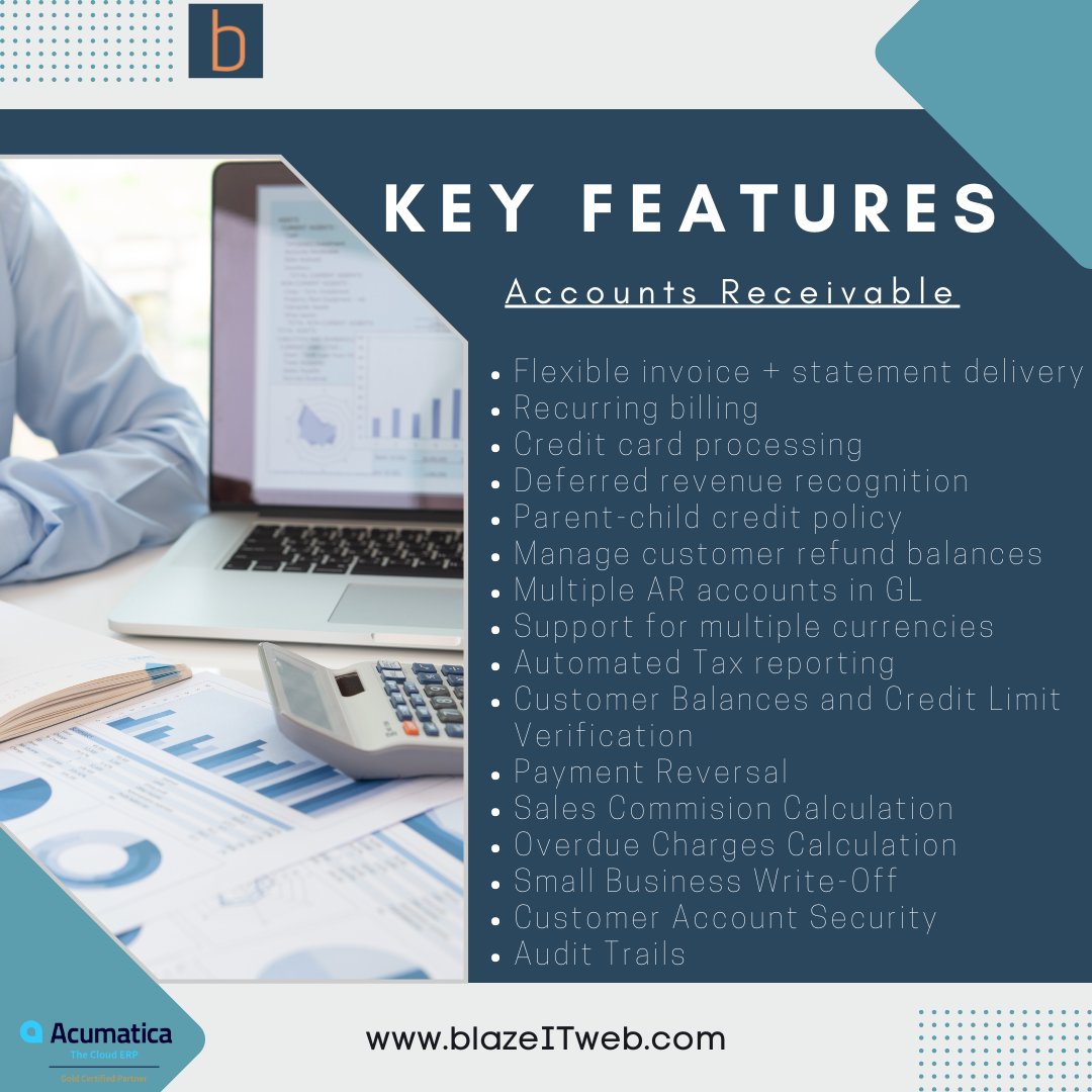 Manage Customer Accounts and Improve Collections by Automating Processes and Tracking Receivable. Here are a few of the many key features!

#acuamtica #blazeIT #accountsreceivable #AR #foryou #foryoupage #houstontx #cypresstx #manufacturing #distribution #ERP #cloud #keyfeatures