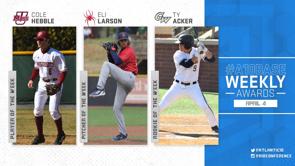 Big hitters, power arms and gung-ho rooks, #A10BASE has got it all...check out our weekly award winners ⤵️

Player of the Week: Cole Hebble, <a href="/UMassBaseball/">UMass Baseball</a> 
Pitcher of the Week: Eli Larson, <a href="/SpiderBaseball/">Richmond Baseball</a> 
Rookie of the Week: Ty Acker, <a href="/GWBaseball1/">GW Baseball</a> 

📰: bit.ly/3J8SxIk