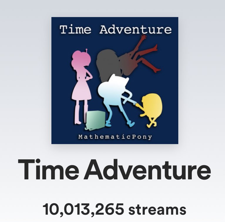 MathematicPony's tweet photo. Welp, it finally happened. 10m #TimeAdventure streams on Spotify! I have a couple celebratory projects planned for the future, but for now I just want to say thank you to everyone who has listened and everyone who is still listening to this cover ππβοΈππ 1/2 https://t.co/FKAK0Hr1j2