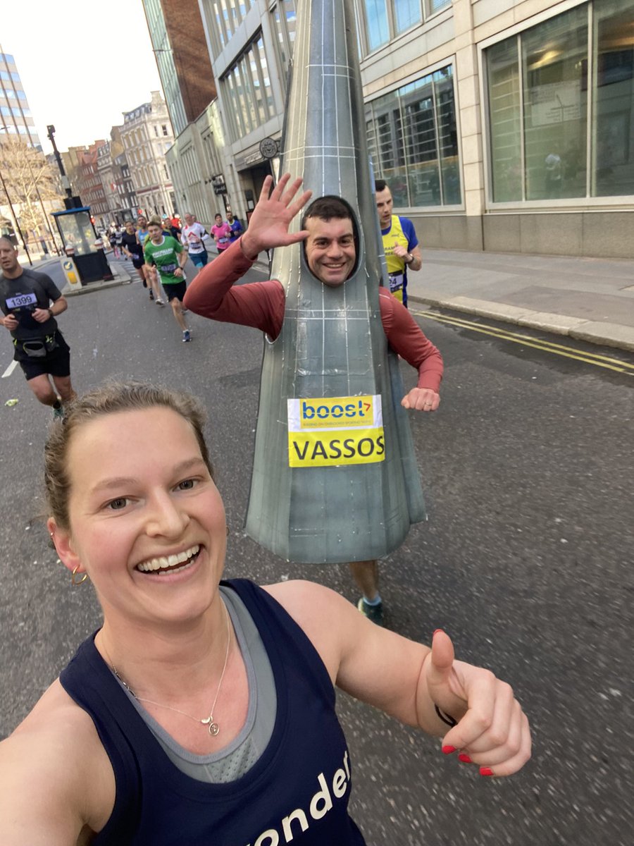 KateEFHarrison's tweet photo. I ran a half marathon for @yondercard yesterday with a QR code on my back to acquire customers. Realistically doubt many runners behind me were thinking about signing up to a new credit card, especially not if they were dressed as the shard! Kudos to @VassosA 👏 srsly impressive! https://t.co/P78bjEwhSY
