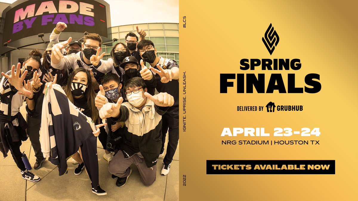 LCSOfficial's tweet photo. 📣 CALLING TL FANS 📣

@TeamLiquidLoL's victory yesterday secured their place at 2022 #LCS Spring Finals weekend, Delivered by @Grubhub, at NRG Stadium in Houston, TX!

April 23: https://t.co/cn4OfKWts5

April 24: https://t.co/q1CVqQ3S95

Two-day tickets: https://t.co/dbFbVo7VSZ https://t.co/q2899au3v7